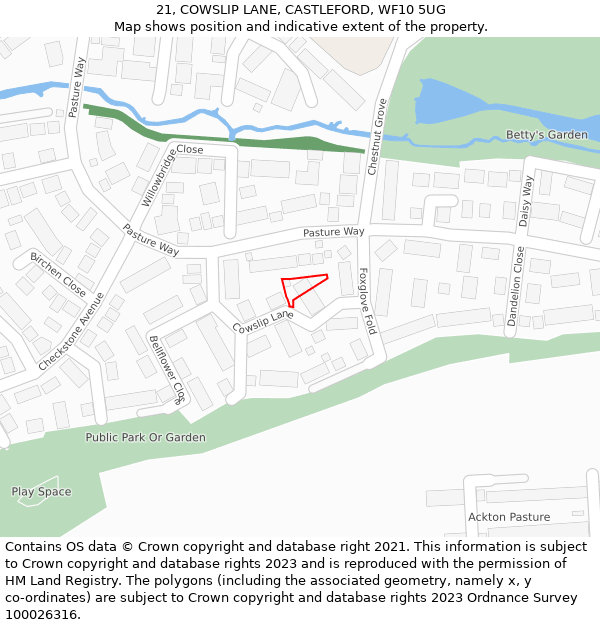 21, COWSLIP LANE, CASTLEFORD, WF10 5UG: Location map and indicative extent of plot