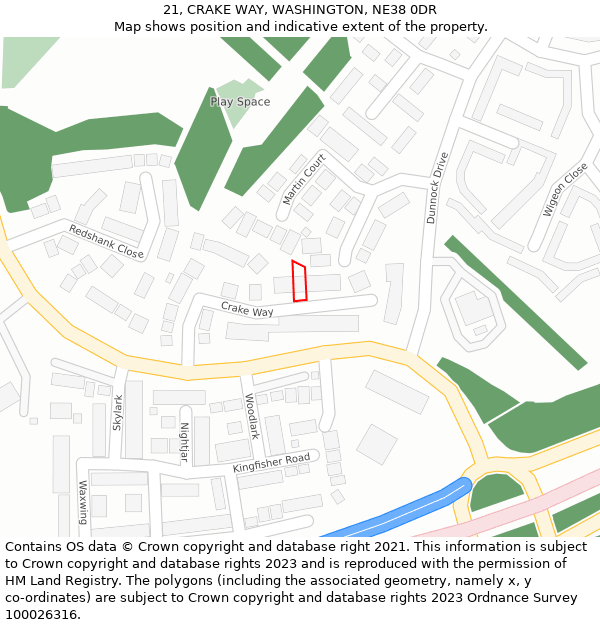 21, CRAKE WAY, WASHINGTON, NE38 0DR: Location map and indicative extent of plot