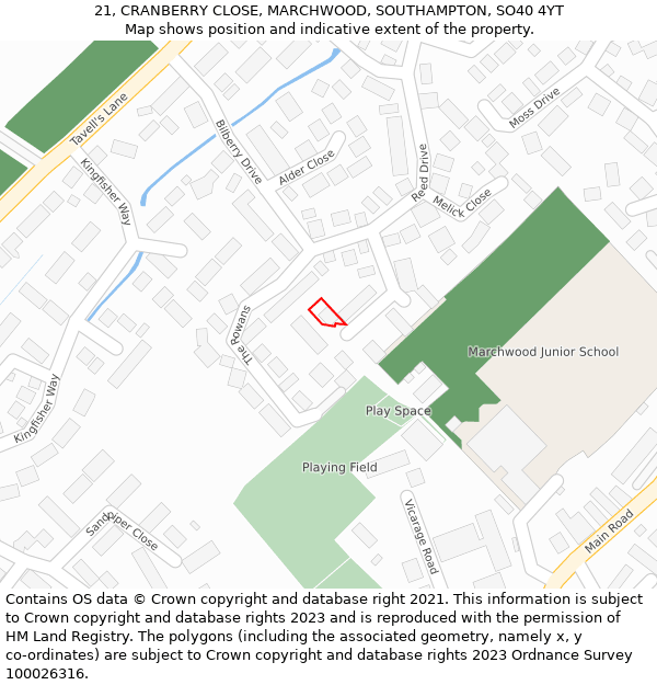 21, CRANBERRY CLOSE, MARCHWOOD, SOUTHAMPTON, SO40 4YT: Location map and indicative extent of plot