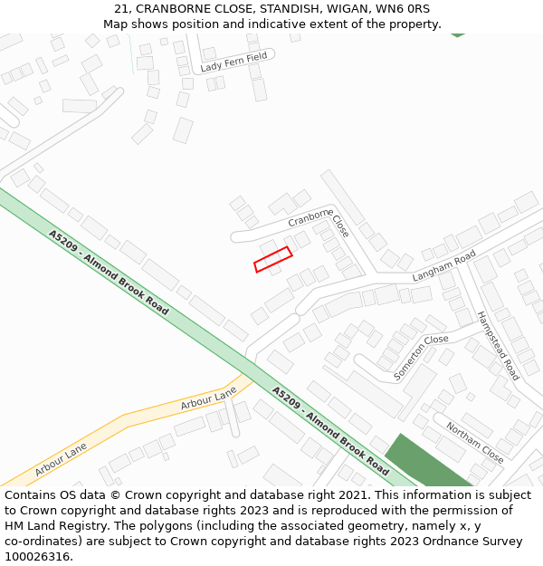 21, CRANBORNE CLOSE, STANDISH, WIGAN, WN6 0RS: Location map and indicative extent of plot