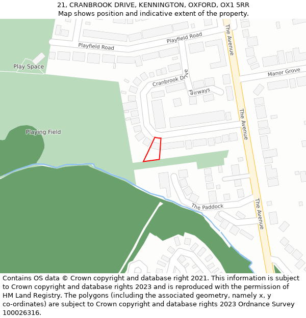 21, CRANBROOK DRIVE, KENNINGTON, OXFORD, OX1 5RR: Location map and indicative extent of plot