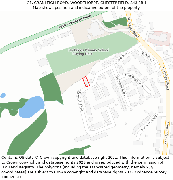 21, CRANLEIGH ROAD, WOODTHORPE, CHESTERFIELD, S43 3BH: Location map and indicative extent of plot