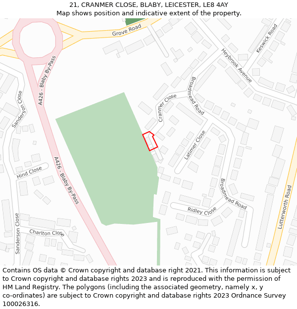 21, CRANMER CLOSE, BLABY, LEICESTER, LE8 4AY: Location map and indicative extent of plot