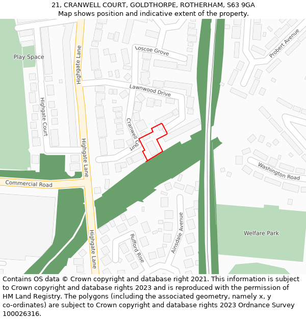 21, CRANWELL COURT, GOLDTHORPE, ROTHERHAM, S63 9GA: Location map and indicative extent of plot