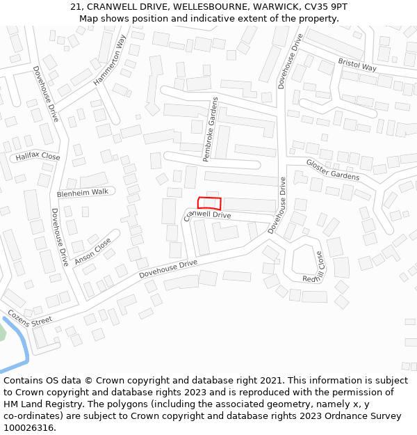 21, CRANWELL DRIVE, WELLESBOURNE, WARWICK, CV35 9PT: Location map and indicative extent of plot