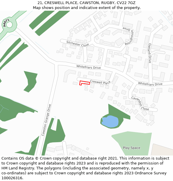 21, CRESWELL PLACE, CAWSTON, RUGBY, CV22 7GZ: Location map and indicative extent of plot