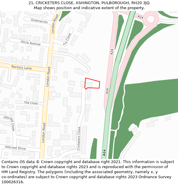 21, CRICKETERS CLOSE, ASHINGTON, PULBOROUGH, RH20 3JQ: Location map and indicative extent of plot