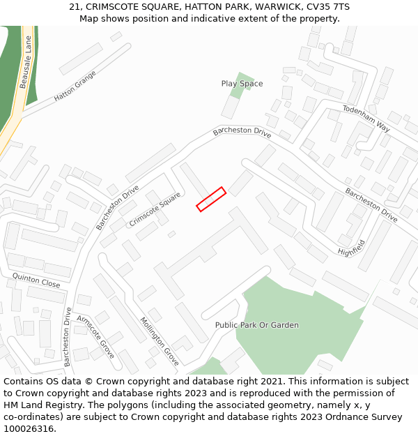 21, CRIMSCOTE SQUARE, HATTON PARK, WARWICK, CV35 7TS: Location map and indicative extent of plot