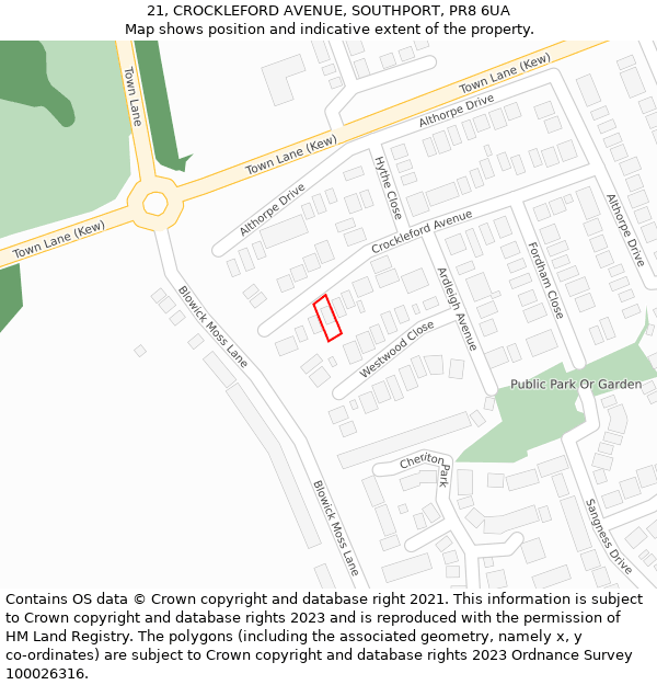 21, CROCKLEFORD AVENUE, SOUTHPORT, PR8 6UA: Location map and indicative extent of plot