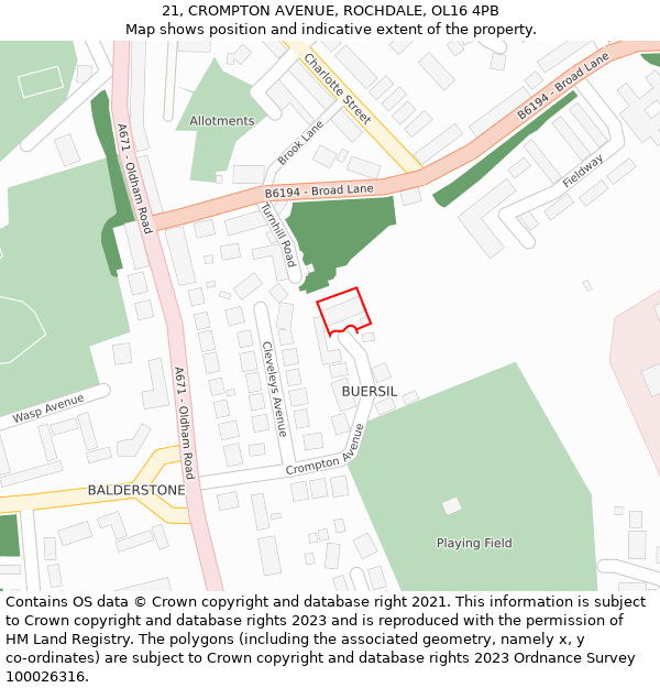 21, CROMPTON AVENUE, ROCHDALE, OL16 4PB: Location map and indicative extent of plot