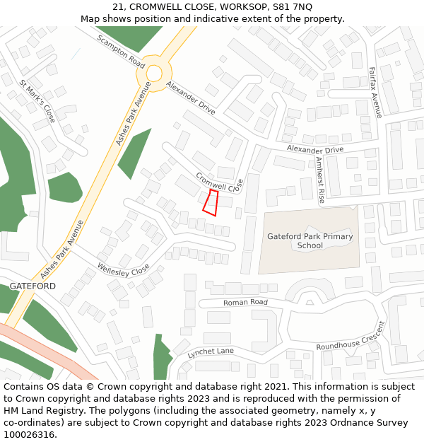 21, CROMWELL CLOSE, WORKSOP, S81 7NQ: Location map and indicative extent of plot