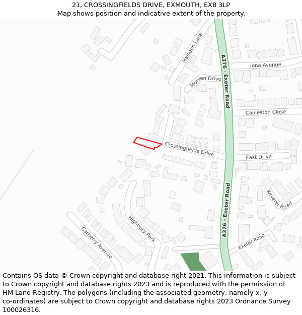 21, CROSSINGFIELDS DRIVE, EXMOUTH, EX8 3LP: Location map and indicative extent of plot