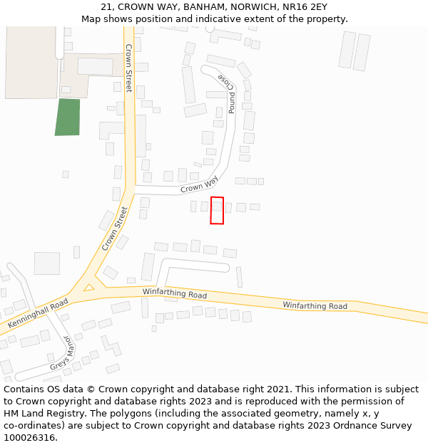 21, CROWN WAY, BANHAM, NORWICH, NR16 2EY: Location map and indicative extent of plot