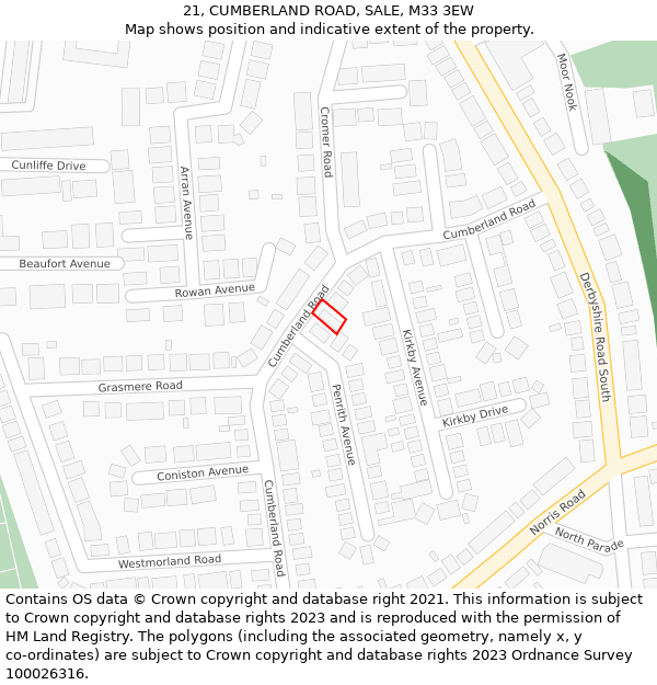 21, CUMBERLAND ROAD, SALE, M33 3EW: Location map and indicative extent of plot