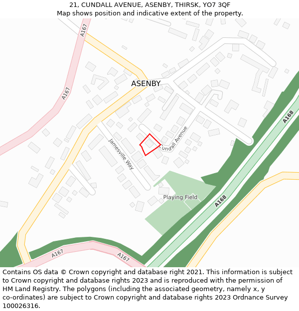 21, CUNDALL AVENUE, ASENBY, THIRSK, YO7 3QF: Location map and indicative extent of plot