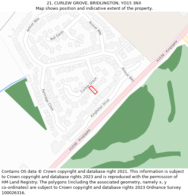 21, CURLEW GROVE, BRIDLINGTON, YO15 3NX: Location map and indicative extent of plot