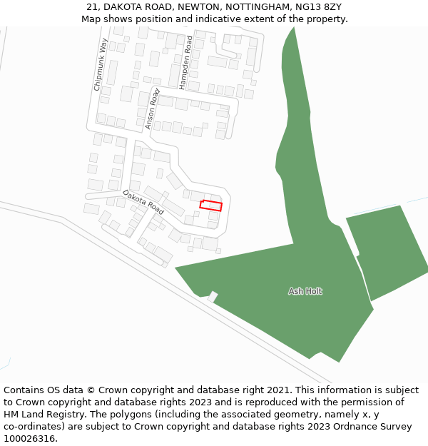 21, DAKOTA ROAD, NEWTON, NOTTINGHAM, NG13 8ZY: Location map and indicative extent of plot