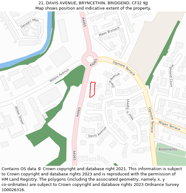 21, DAVIS AVENUE, BRYNCETHIN, BRIDGEND, CF32 9JJ: Location map and indicative extent of plot