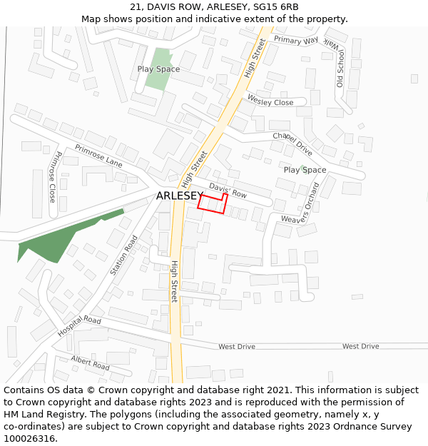 21, DAVIS ROW, ARLESEY, SG15 6RB: Location map and indicative extent of plot