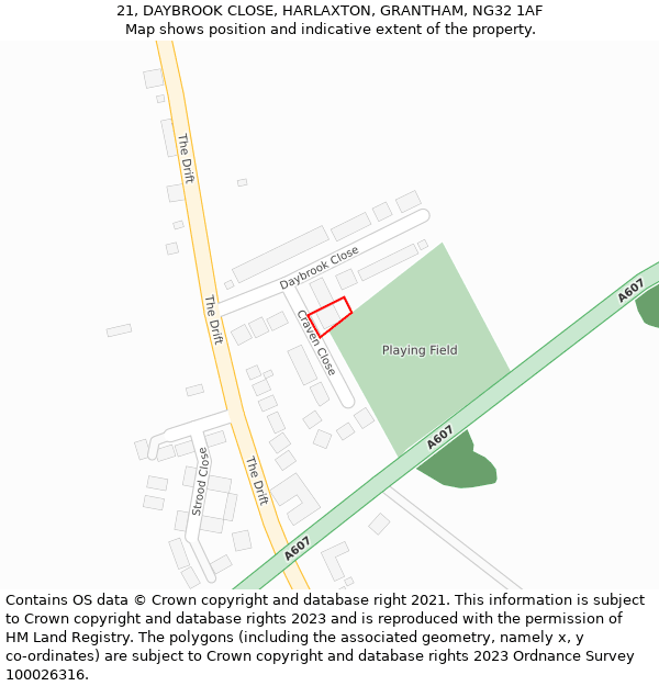 21, DAYBROOK CLOSE, HARLAXTON, GRANTHAM, NG32 1AF: Location map and indicative extent of plot