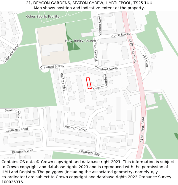 21, DEACON GARDENS, SEATON CAREW, HARTLEPOOL, TS25 1UU: Location map and indicative extent of plot