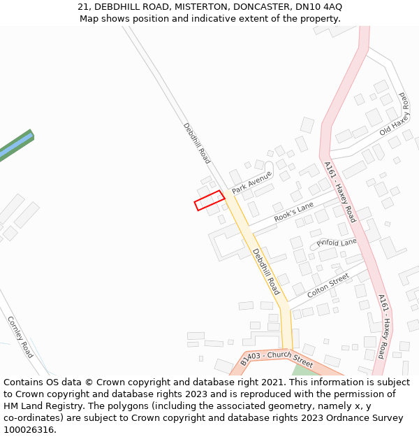 21, DEBDHILL ROAD, MISTERTON, DONCASTER, DN10 4AQ: Location map and indicative extent of plot