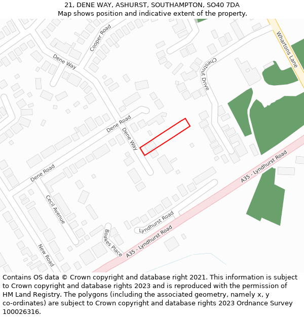 21, DENE WAY, ASHURST, SOUTHAMPTON, SO40 7DA: Location map and indicative extent of plot