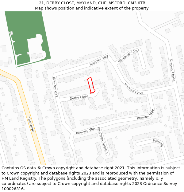 21, DERBY CLOSE, MAYLAND, CHELMSFORD, CM3 6TB: Location map and indicative extent of plot