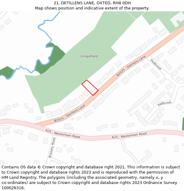 21, DETILLENS LANE, OXTED, RH8 0DH: Location map and indicative extent of plot