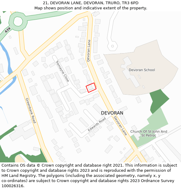 21, DEVORAN LANE, DEVORAN, TRURO, TR3 6PD: Location map and indicative extent of plot