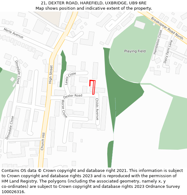 21, DEXTER ROAD, HAREFIELD, UXBRIDGE, UB9 6RE: Location map and indicative extent of plot