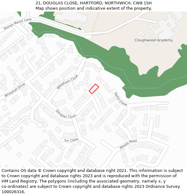 21, DOUGLAS CLOSE, HARTFORD, NORTHWICH, CW8 1SH: Location map and indicative extent of plot