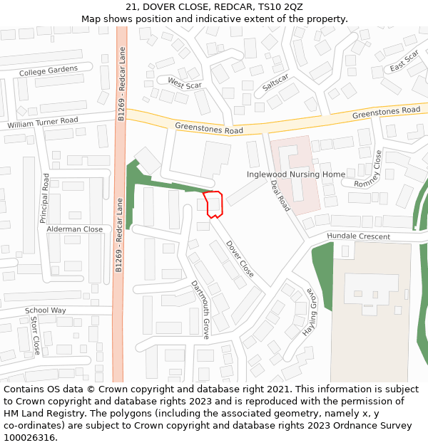 21, DOVER CLOSE, REDCAR, TS10 2QZ: Location map and indicative extent of plot