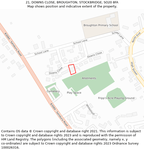 21, DOWNS CLOSE, BROUGHTON, STOCKBRIDGE, SO20 8FA: Location map and indicative extent of plot