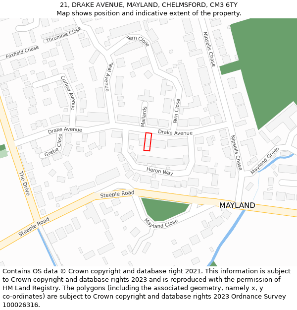 21, DRAKE AVENUE, MAYLAND, CHELMSFORD, CM3 6TY: Location map and indicative extent of plot