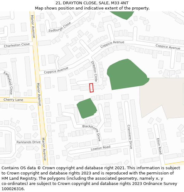 21, DRAYTON CLOSE, SALE, M33 4NT: Location map and indicative extent of plot