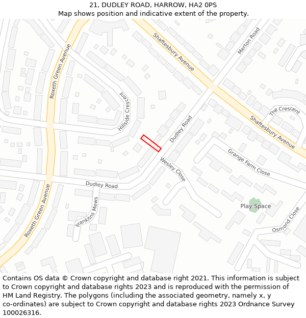 21, DUDLEY ROAD, HARROW, HA2 0PS: Location map and indicative extent of plot