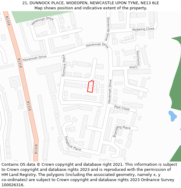 21, DUNNOCK PLACE, WIDEOPEN, NEWCASTLE UPON TYNE, NE13 6LE: Location map and indicative extent of plot