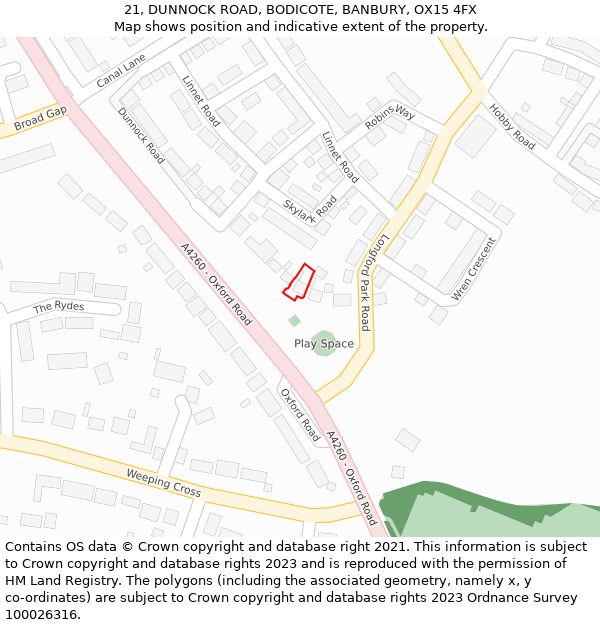 21, DUNNOCK ROAD, BODICOTE, BANBURY, OX15 4FX: Location map and indicative extent of plot