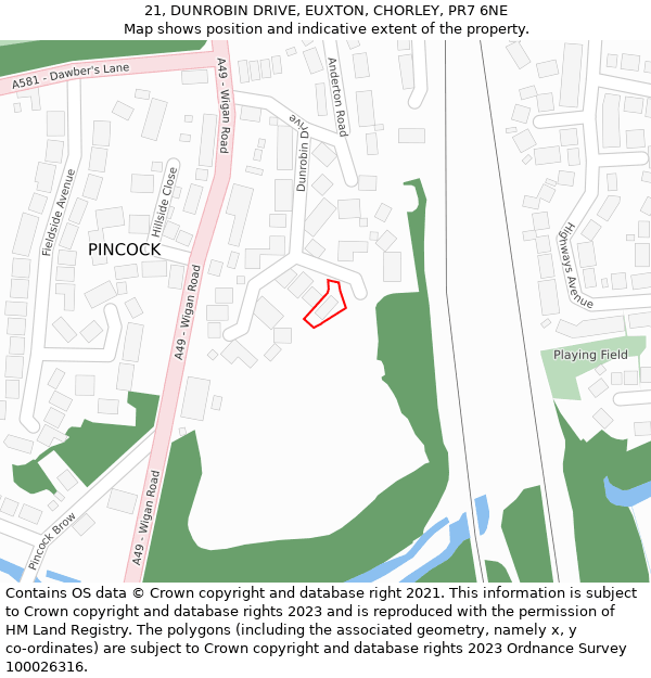 21, DUNROBIN DRIVE, EUXTON, CHORLEY, PR7 6NE: Location map and indicative extent of plot