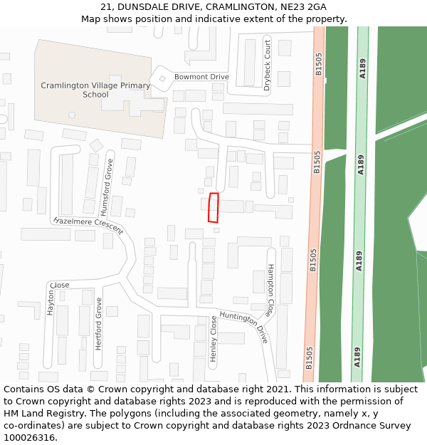 21, DUNSDALE DRIVE, CRAMLINGTON, NE23 2GA: Location map and indicative extent of plot