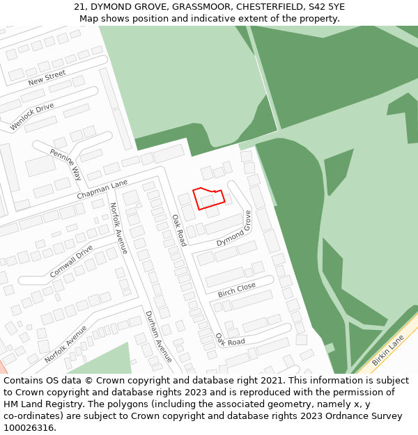 21, DYMOND GROVE, GRASSMOOR, CHESTERFIELD, S42 5YE: Location map and indicative extent of plot