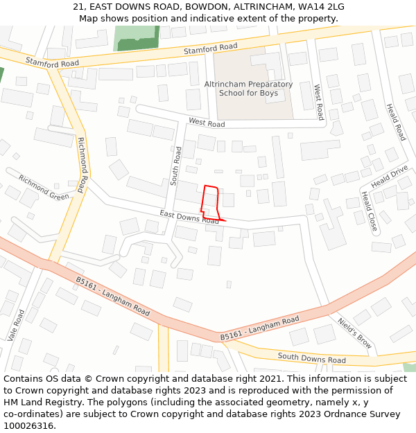 21, EAST DOWNS ROAD, BOWDON, ALTRINCHAM, WA14 2LG: Location map and indicative extent of plot