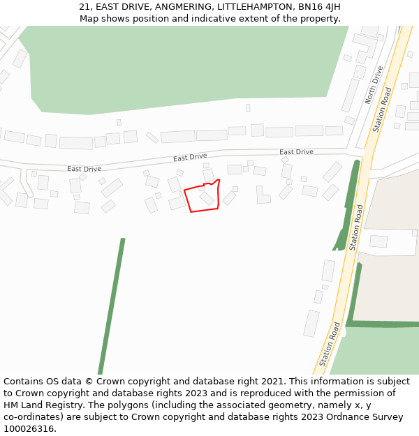 21, EAST DRIVE, ANGMERING, LITTLEHAMPTON, BN16 4JH: Location map and indicative extent of plot