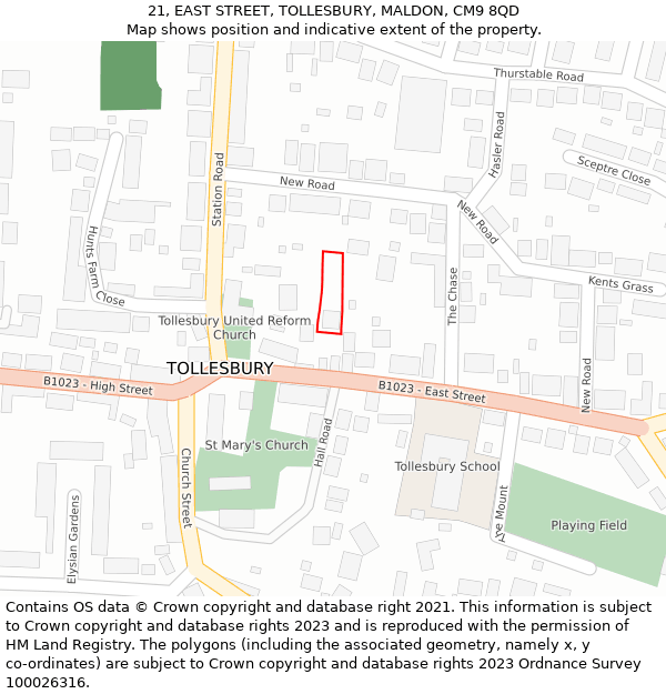 21, EAST STREET, TOLLESBURY, MALDON, CM9 8QD: Location map and indicative extent of plot