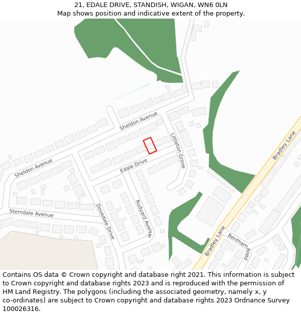 21, EDALE DRIVE, STANDISH, WIGAN, WN6 0LN: Location map and indicative extent of plot