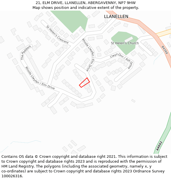 21, ELM DRIVE, LLANELLEN, ABERGAVENNY, NP7 9HW: Location map and indicative extent of plot