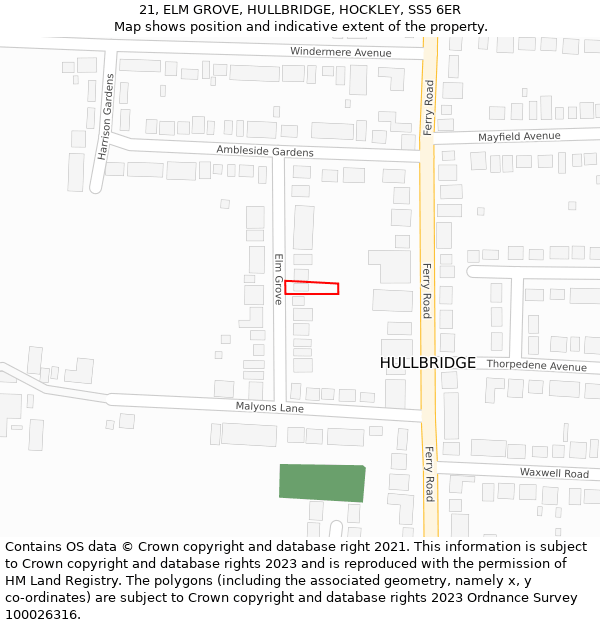 21, ELM GROVE, HULLBRIDGE, HOCKLEY, SS5 6ER: Location map and indicative extent of plot