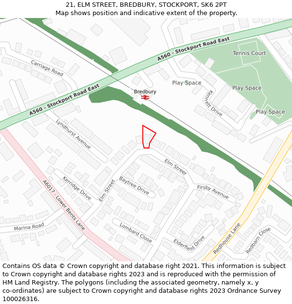 21, ELM STREET, BREDBURY, STOCKPORT, SK6 2PT: Location map and indicative extent of plot