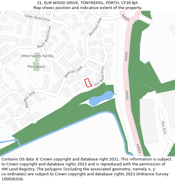 21, ELM WOOD DRIVE, TONYREFAIL, PORTH, CF39 8JA: Location map and indicative extent of plot